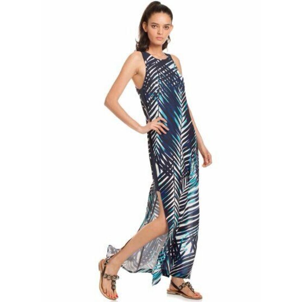 Trina Turk Dyana Palm Leaf Print Navy Black White Maxi Dress 4 NEW